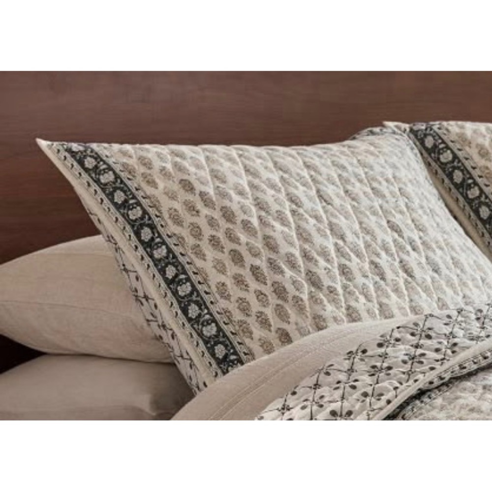 Rejuvenation Quilted Euro Sham 26x26 Cotton Block Print Floral Dk.Slate/Margld